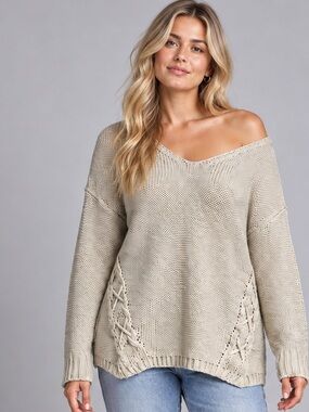 Harper Heritage Oatmeal Lace Up Side V Neck Knit Sweater Womens Large